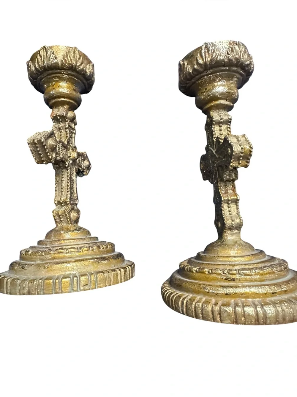 Pair of Gold Cross Pillar Candle‎ Holders Gothic Religious Decor Elements